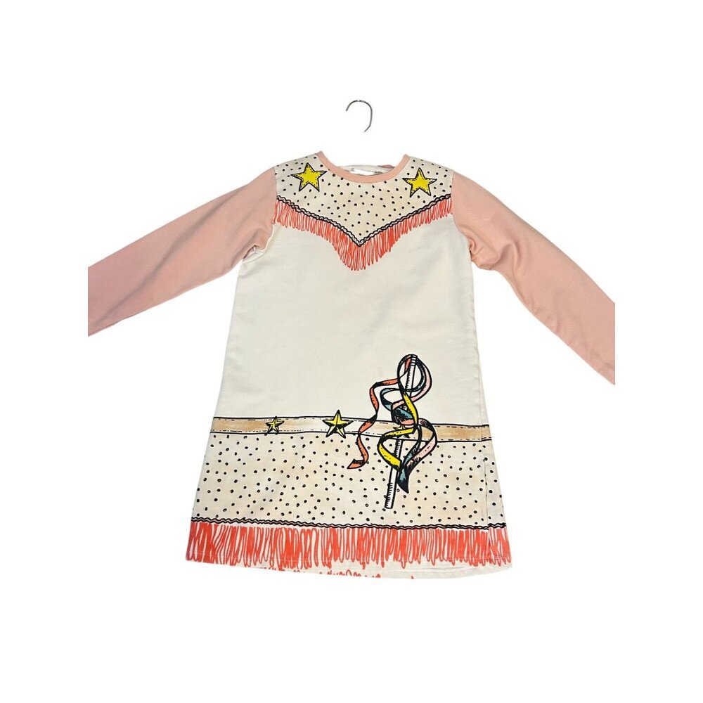 Girls Pink & Cream Fringe Star Graphic Dress